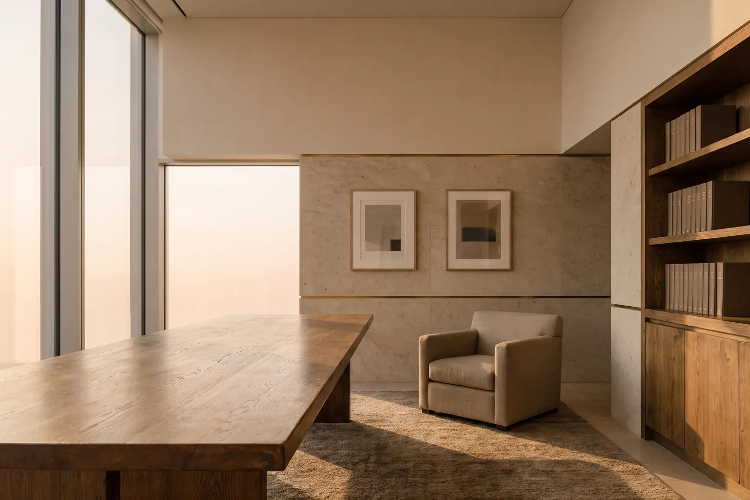 A refined office of wood, stone and glass, the city skyline at dusk beyond